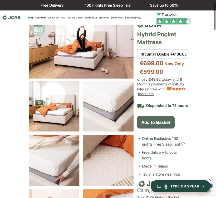 Chrome screenshot confirming JOYA Hybrid Pocket · 4ft price €599