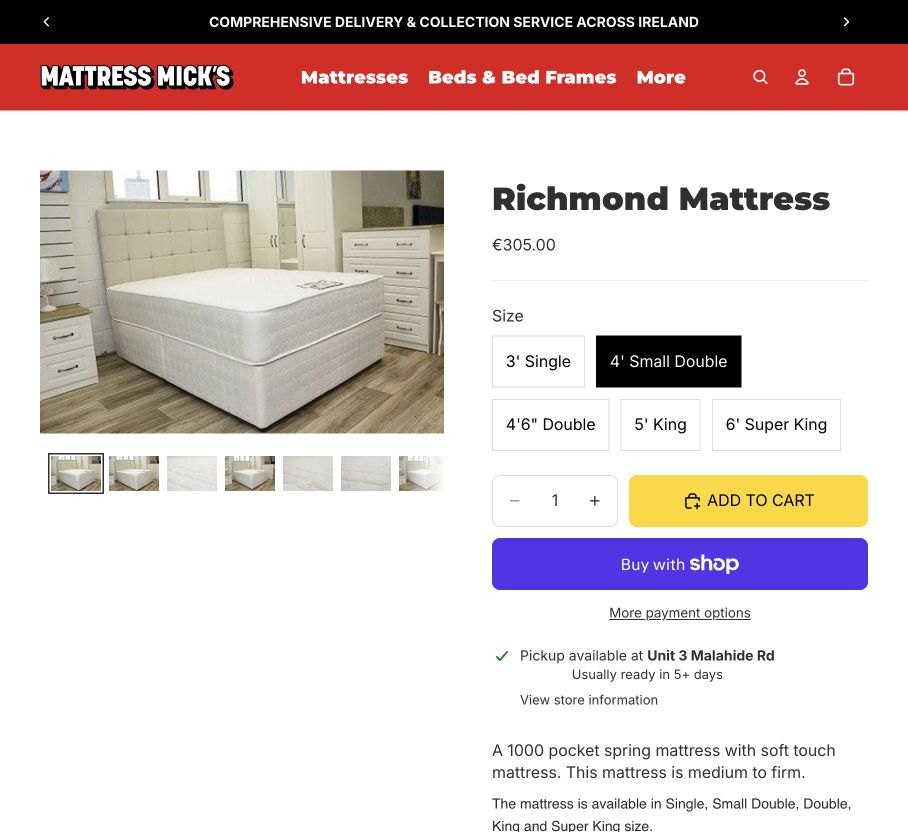 Chrome screenshot confirming Richmond · 4ft price €305