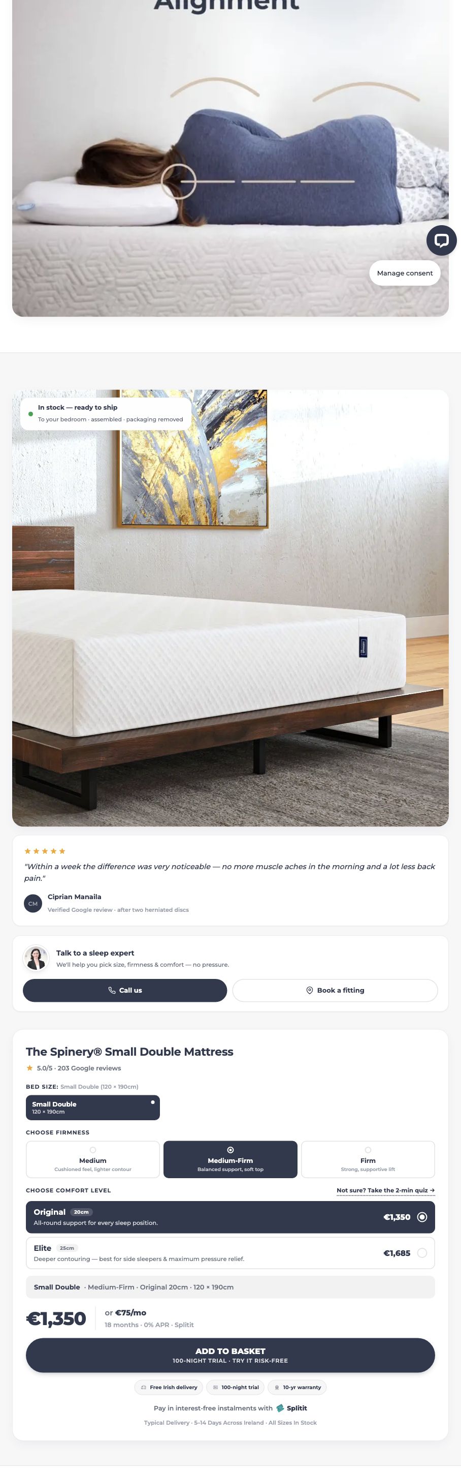 Chrome screenshot confirming The Spinery Original · 4ft price €1,350