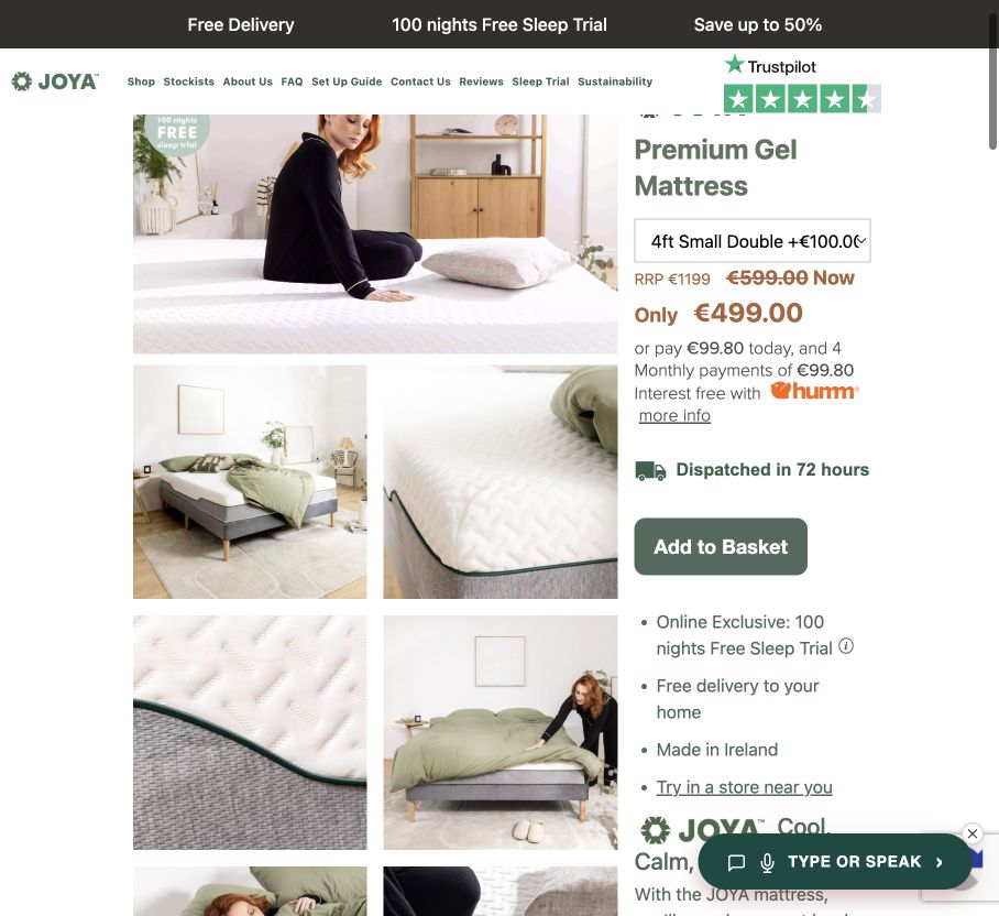 Chrome screenshot confirming JOYA Premium Gel · 4ft price €499